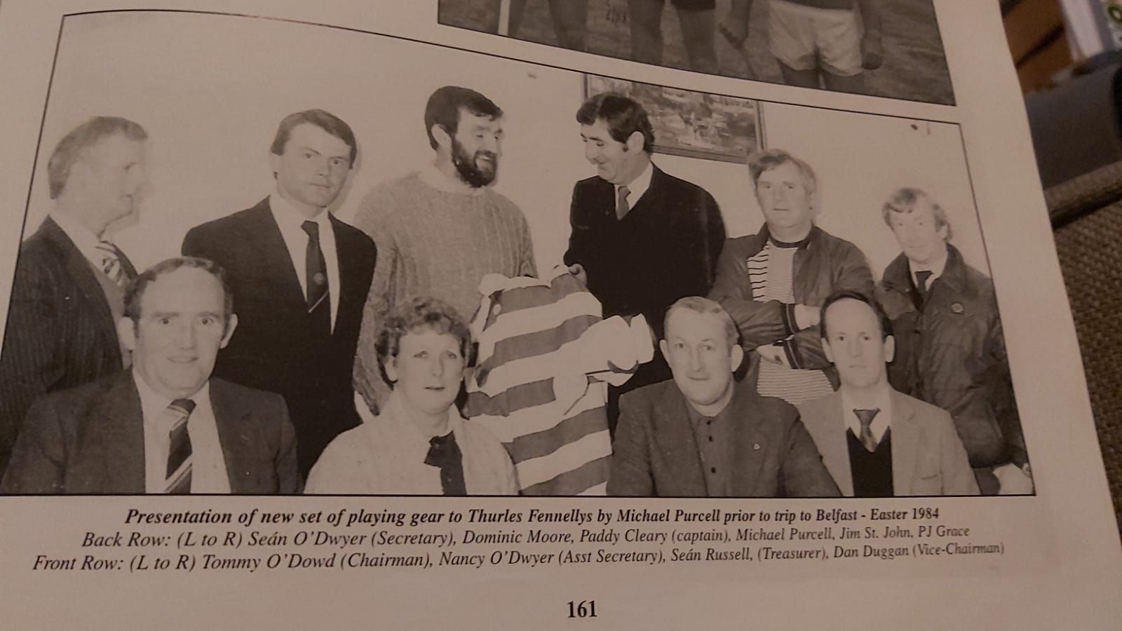 Presentation of new set of playing gear to Thurles Fennellys by Michael Purcell prior to trip to Belfast - Easter 1984